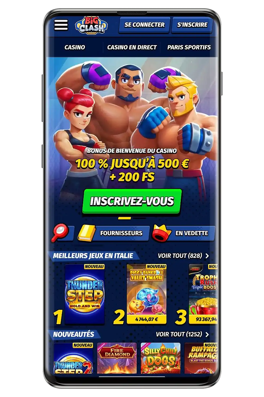 Captures d’écran du site officiel du casino BigClash sur un appareil mobile