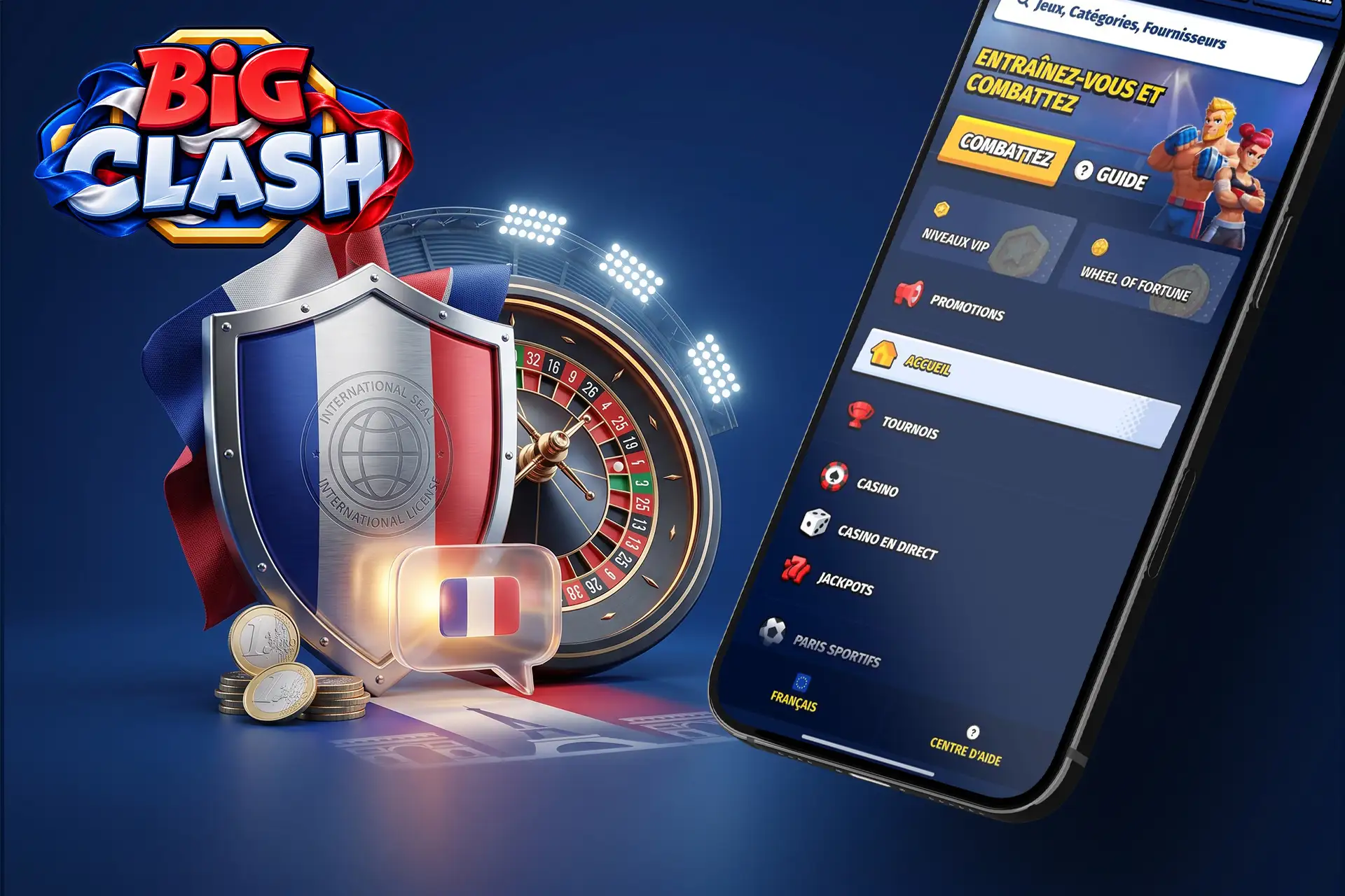 Informations sur la licence légale et la fiabilité de BigClash Casino en France, symbolisées par un bouclier de sécurité tricolore et une roulette