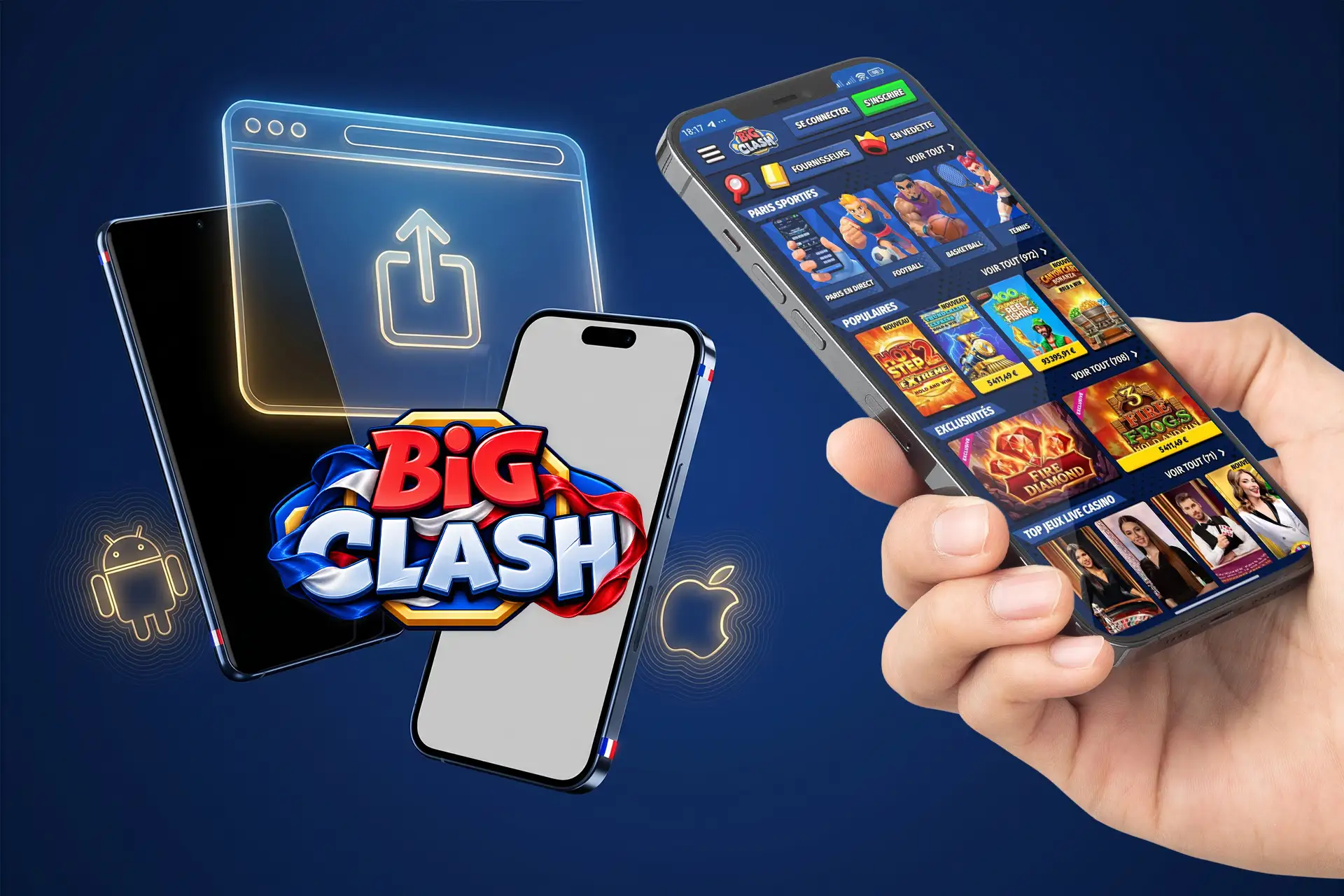 Accès direct aux jeux via navigateur mobile sans téléchargement d'application pour iOS et Android, avec des icônes de partage lumineuses