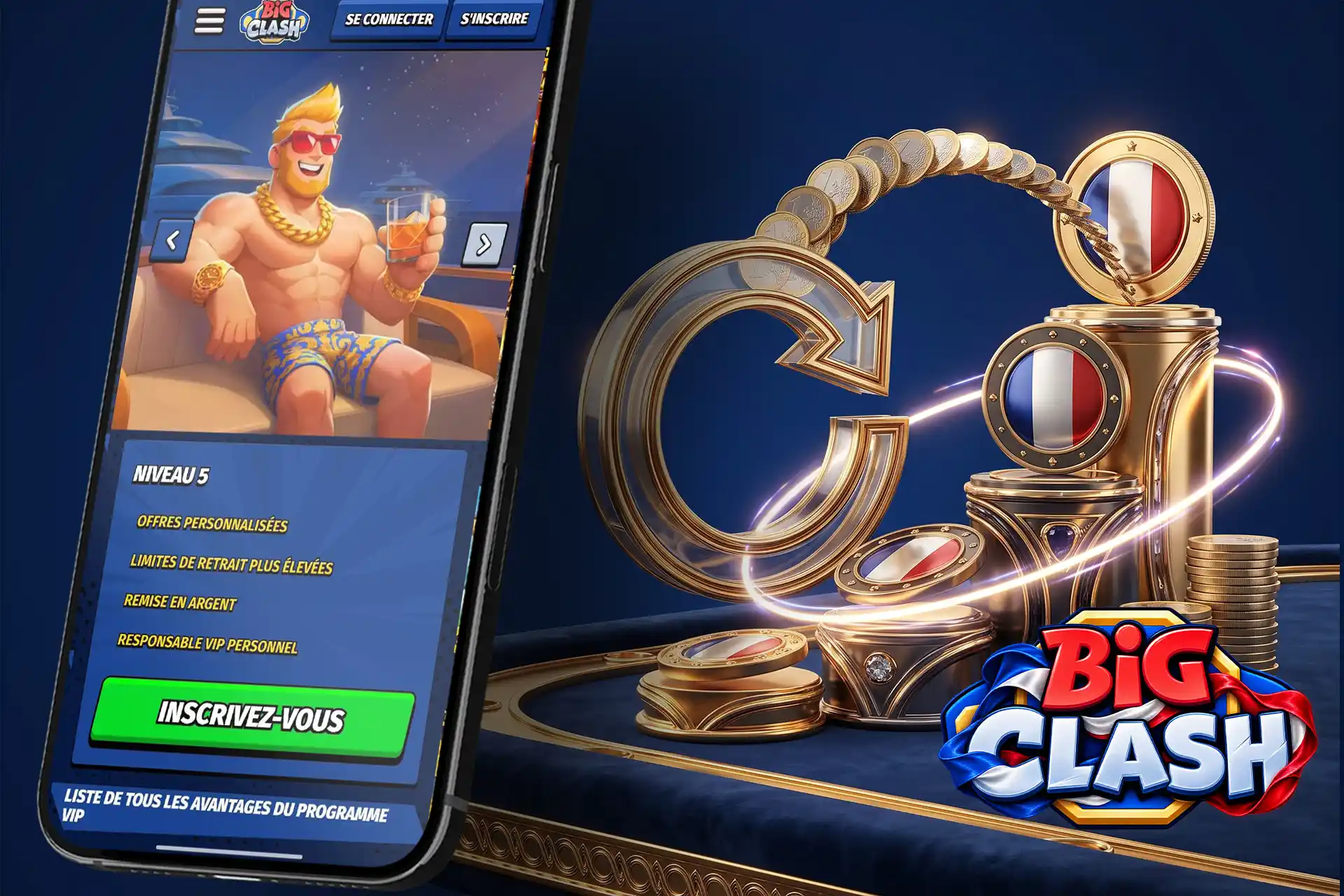 Avantages du club VIP et système de cashback sur BigClash Casino, représentés par un podium doré orné du drapeau français et des pièces